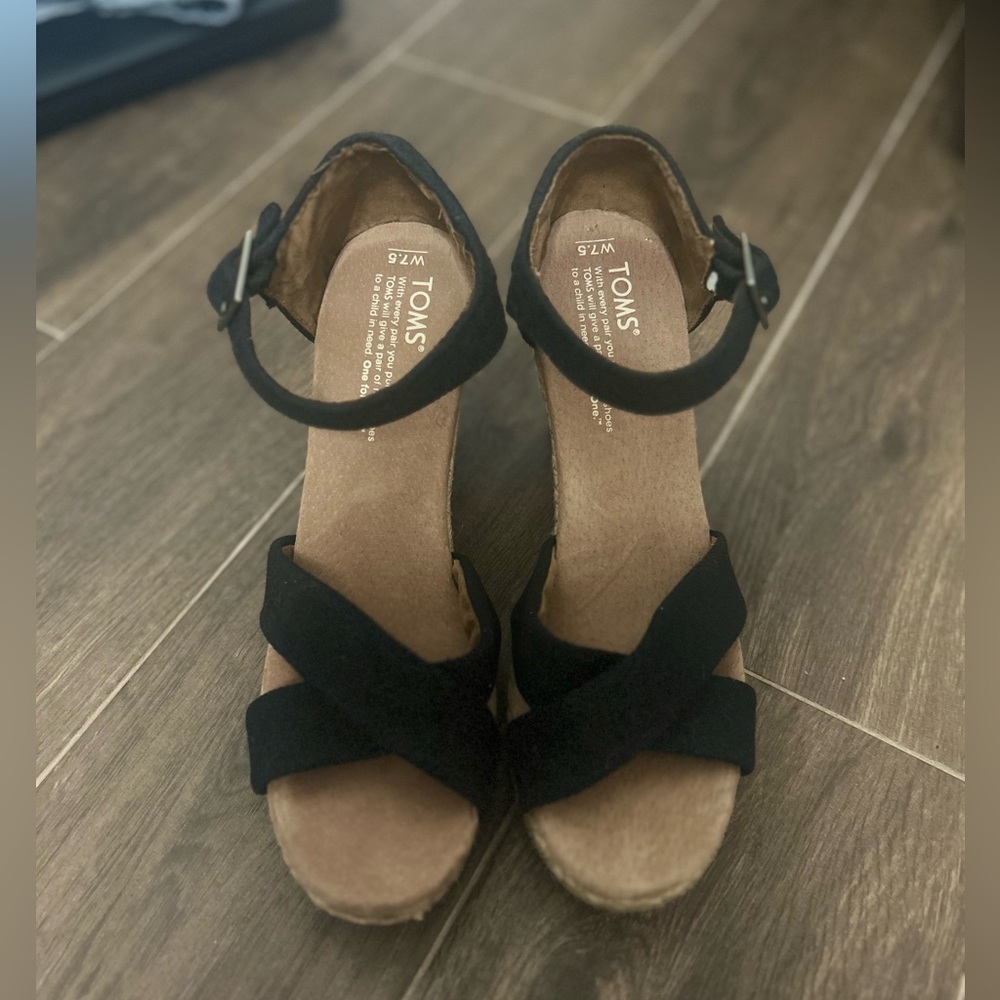 Toms Sienna Espadrille Wedge Sandals Size 7.5 Black Canvas Ankle Strap